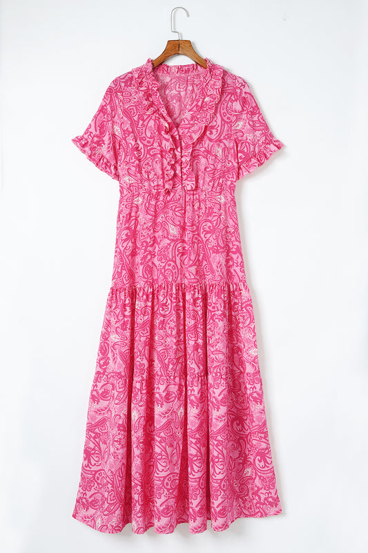 Paisley Print Flounce Sleeve Maxi Dress Orchid Unique 