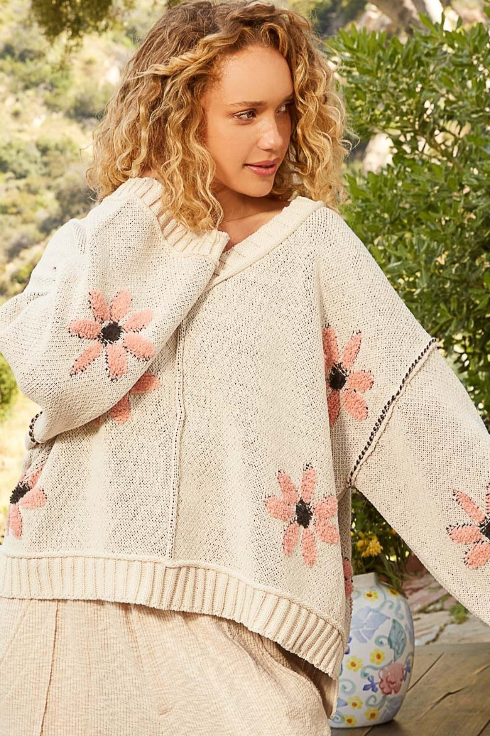 POL V-Neck Floral Pattern Chenille Sweater Orchid Unique 