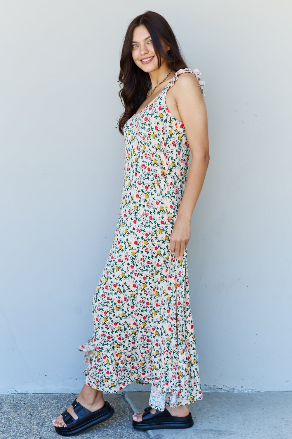 Doublju In The Garden Ruffle Floral Maxi Dress in Natural Rose Orchid Unique 