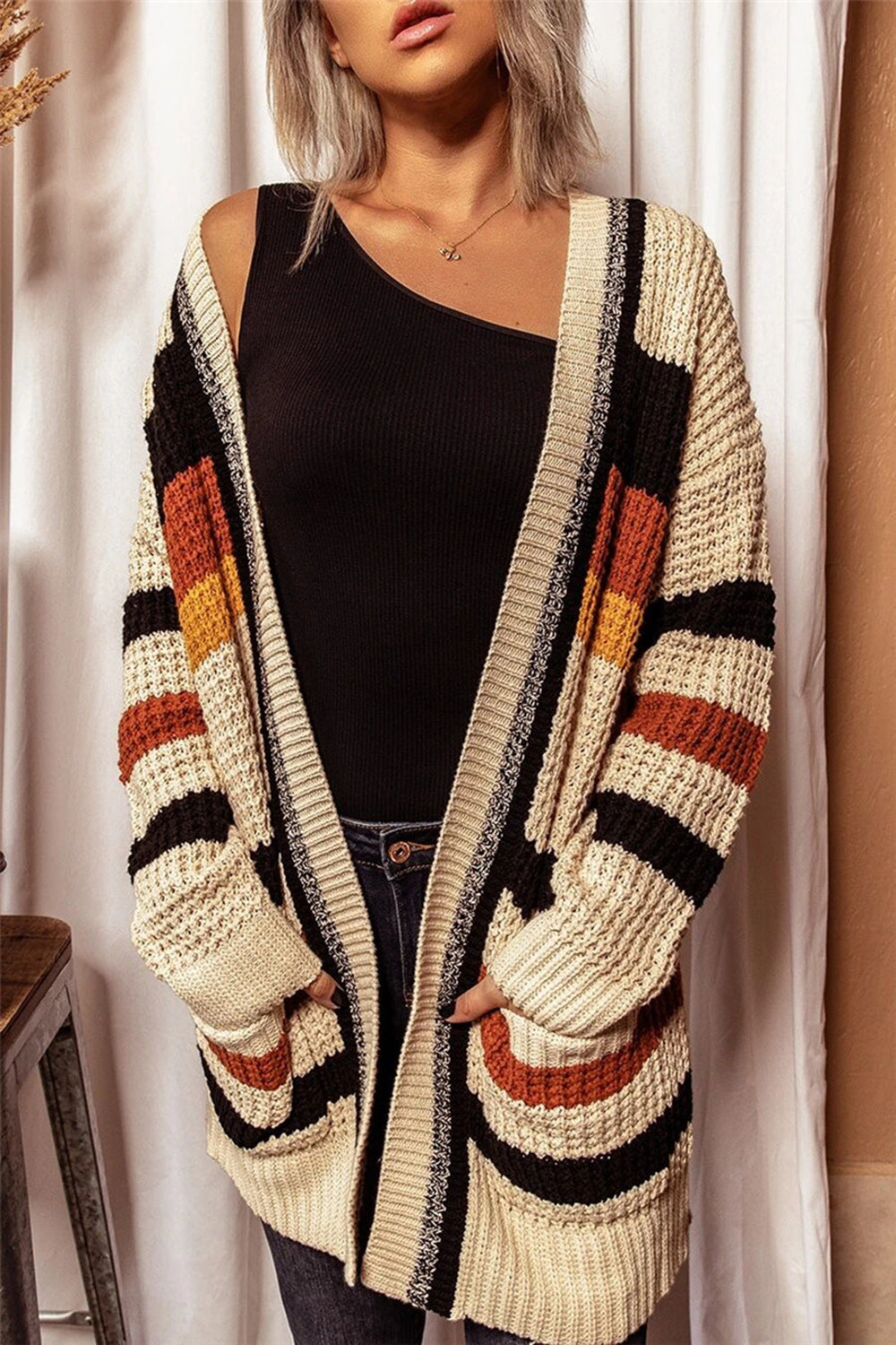 Striped Open Front Longline Cardigan Orchid Unique 