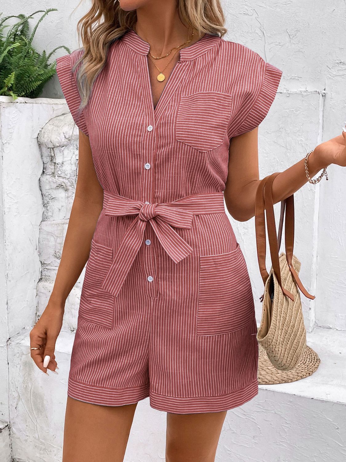 Casual Striped Romper with Notched Tie Wais Orchid Unique 