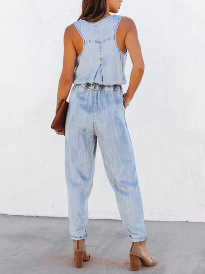 Denim Drawstring Waist Sleeveless Jumpsuit