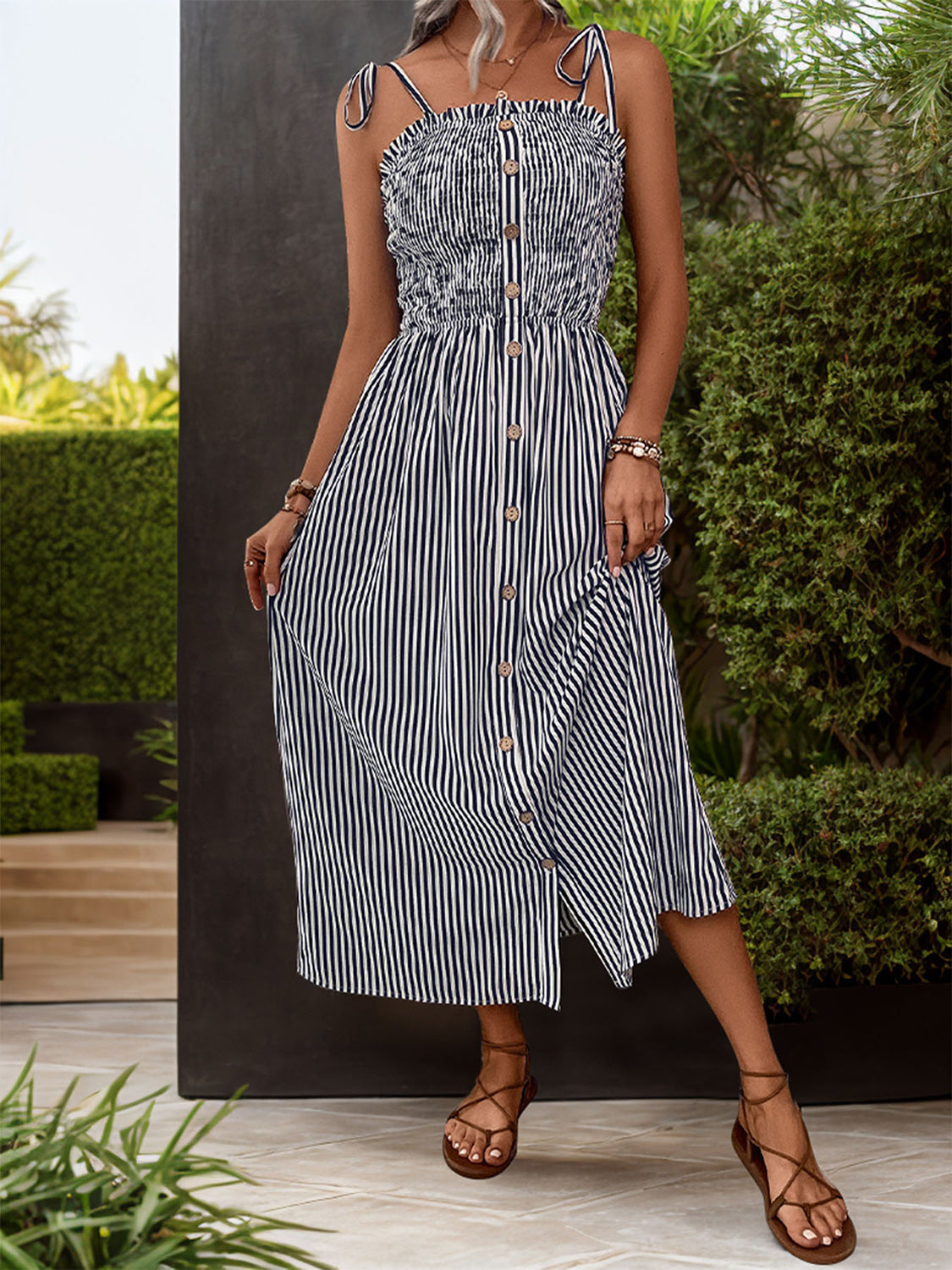 Tied Striped Sleeveless Midi Dress Orchid Unique 