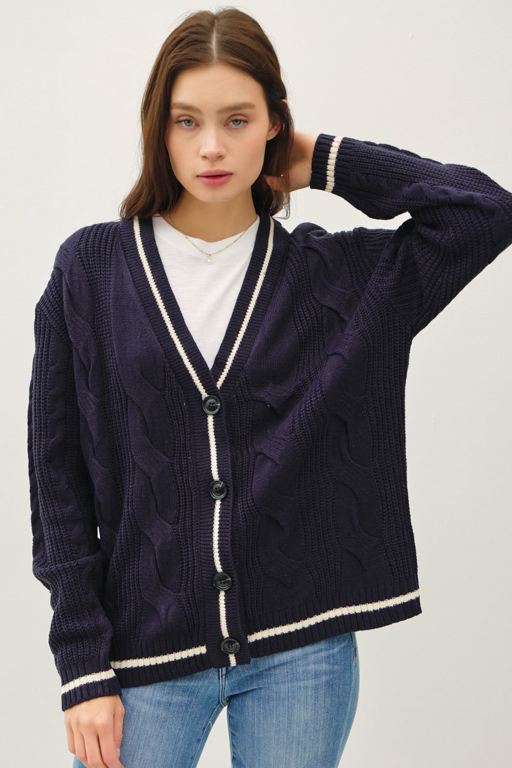 Be Cool Contrast Trim Cable-Knit V-Neck Cardigan Orchid Unique 