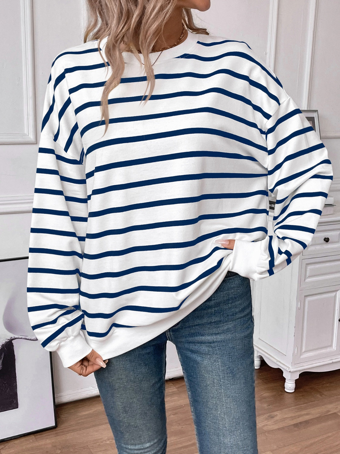 Striped Round Neck Long Sleeve Sweatshirt Orchid Unique 