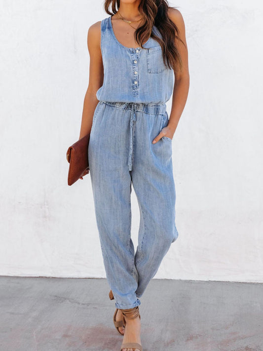 Denim Drawstring Waist Sleeveless Jumpsuit Orchid Unique 