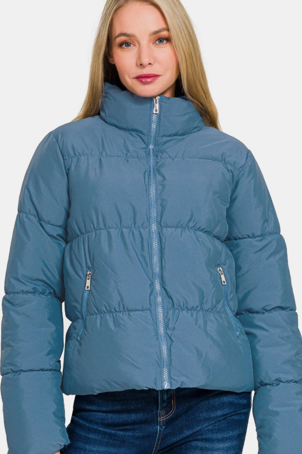 Zenana Zip Up Turtleneck Puffer Jacket with Pockets Orchid Unique 