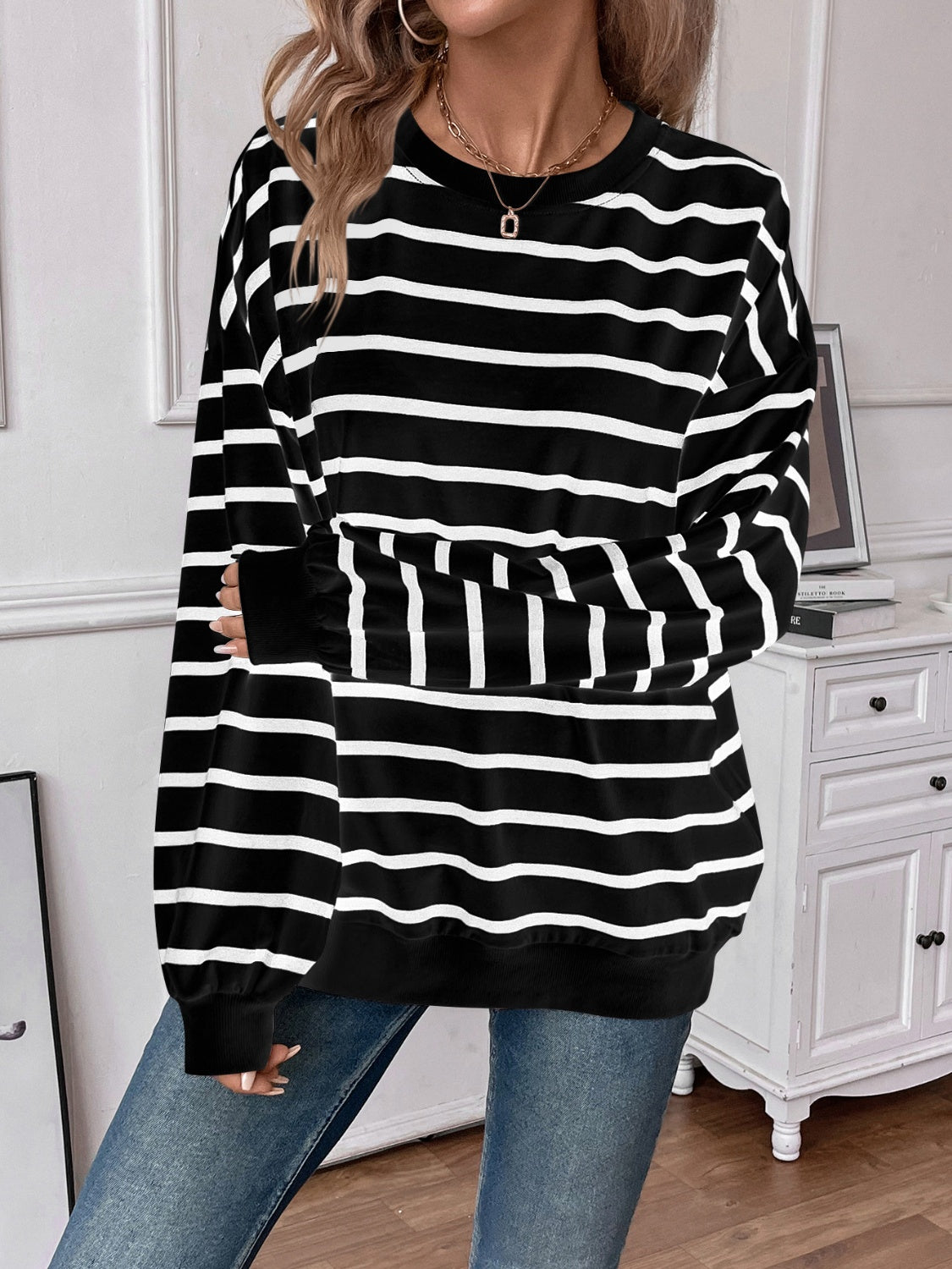 Striped Round Neck Long Sleeve Sweatshirt Orchid Unique 