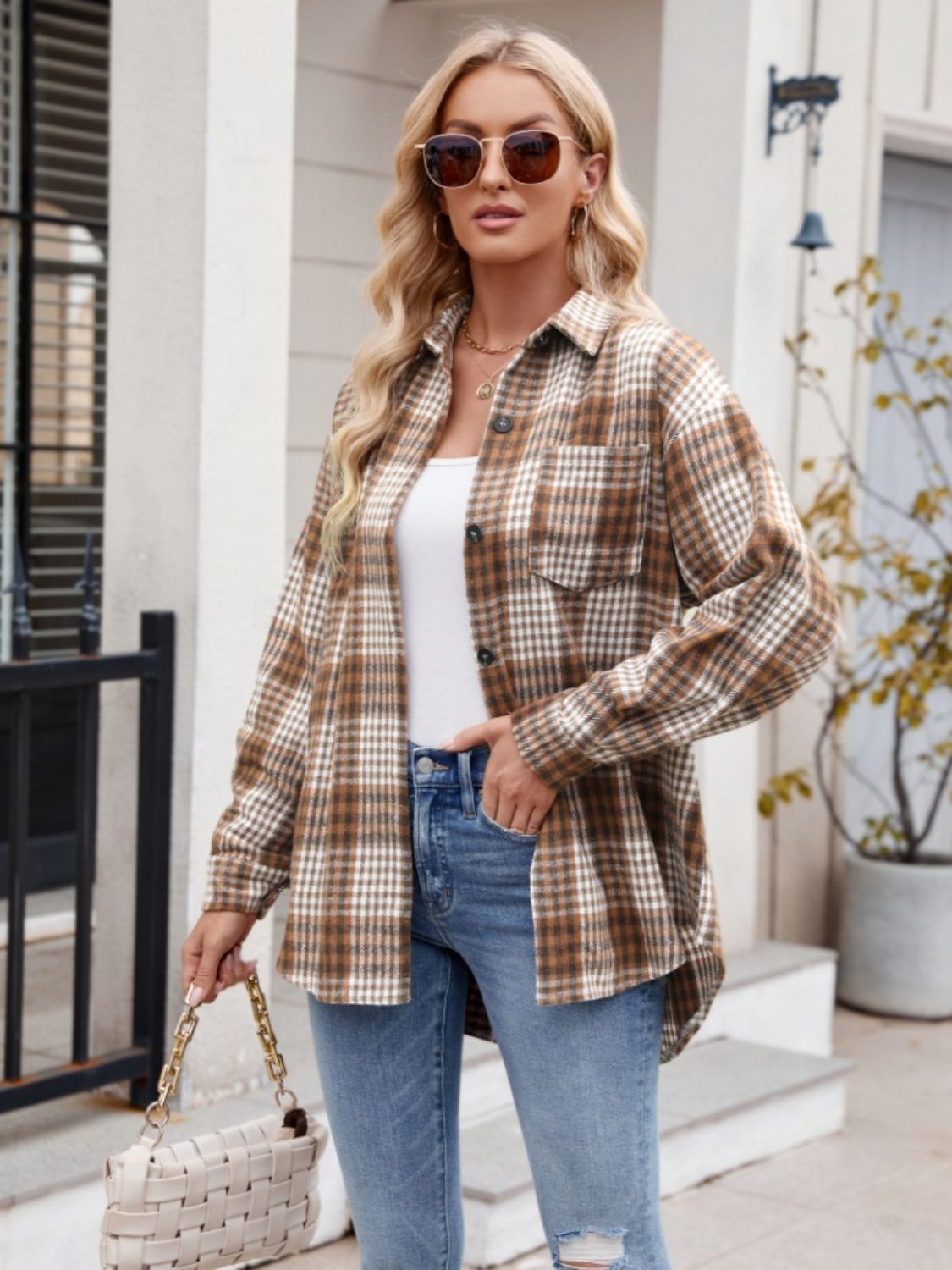 Pocketed Plaid Collared Neck Long Sleeve Shirt Orchid Unique 