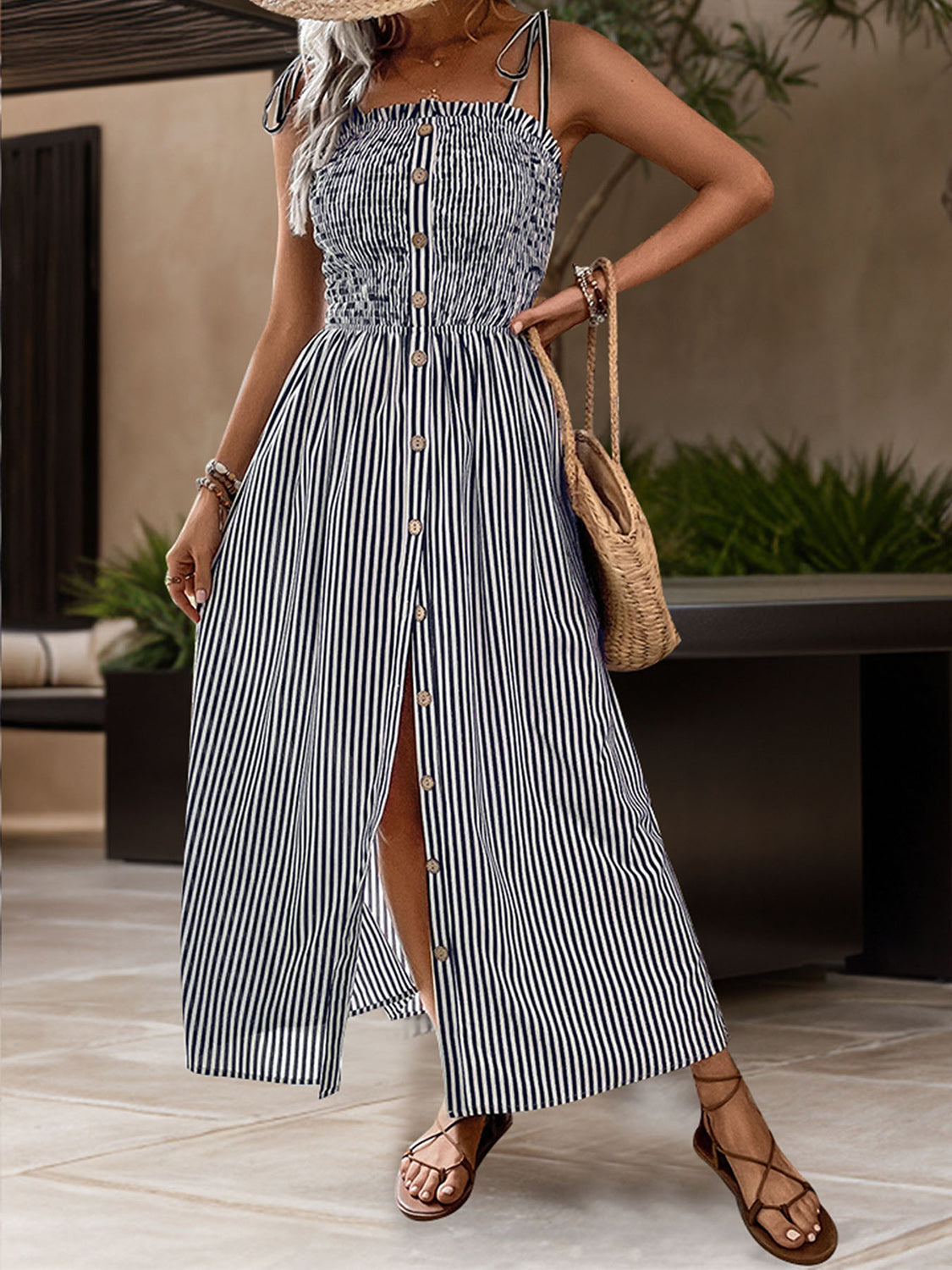 Tied Striped Sleeveless Midi Dress Orchid Unique 