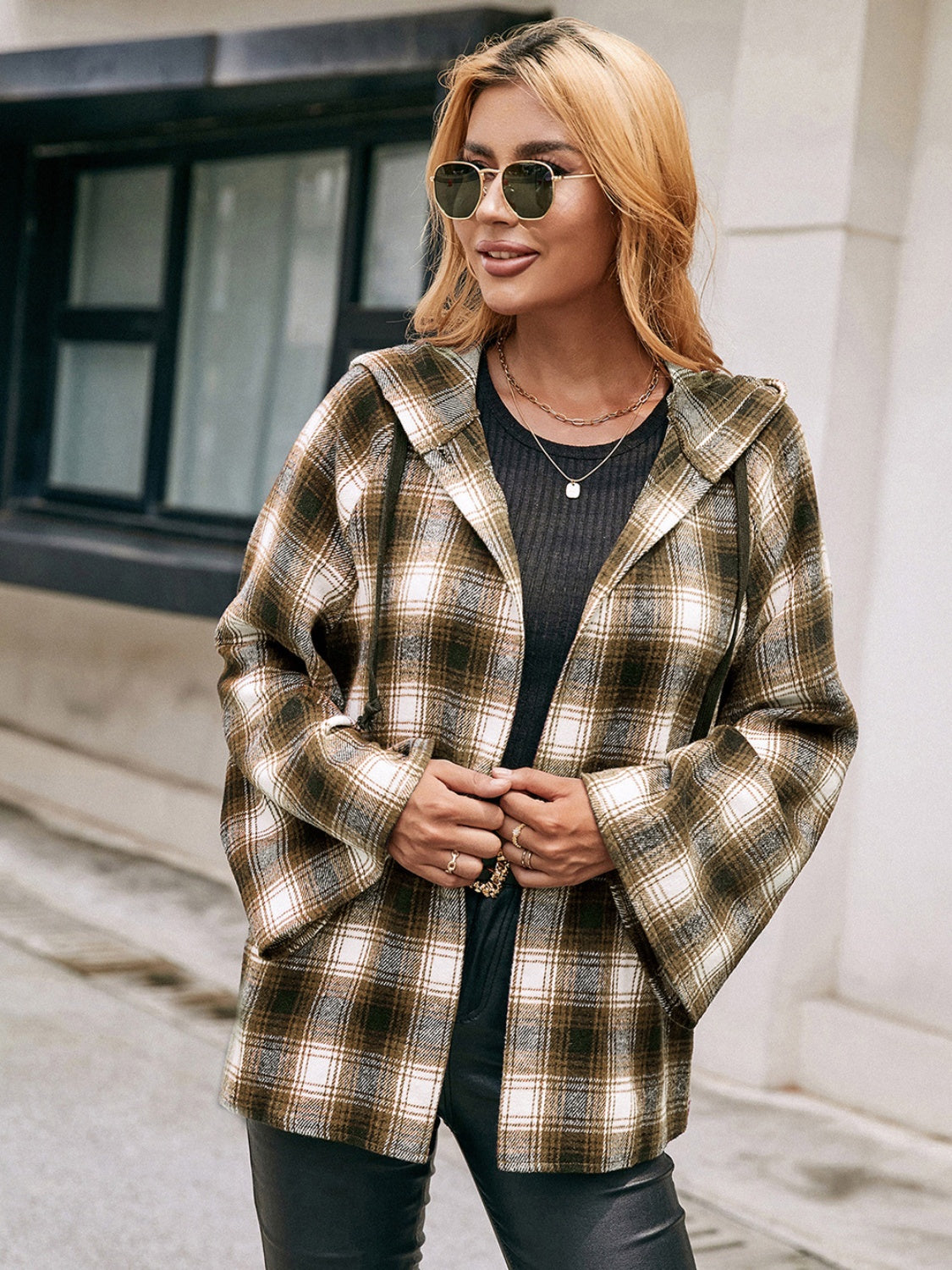 Ivy Lane Pocketed Plaid Long Sleeve Hooded Jacket Orchid Unique 