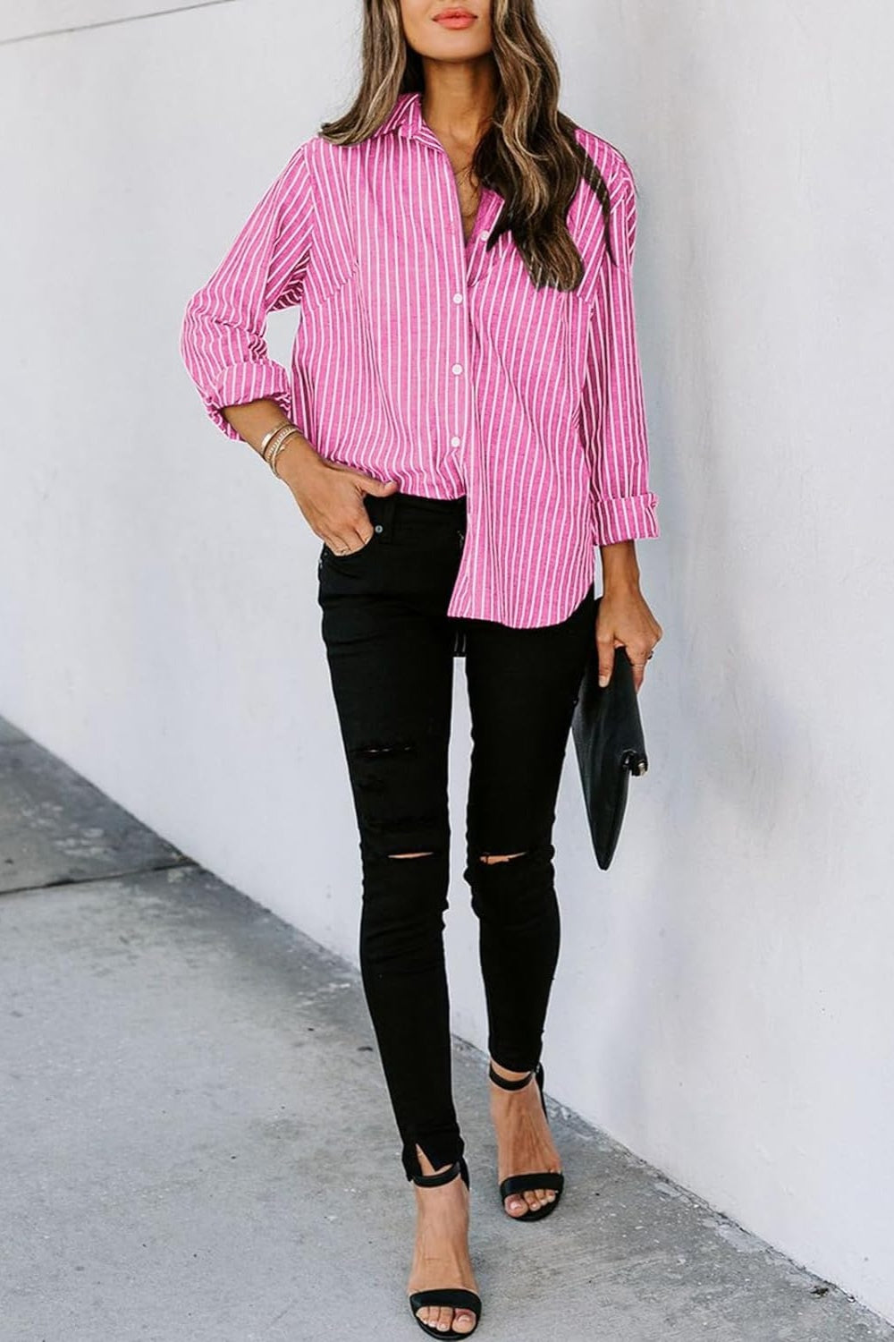 Striped Button Up Long Sleeve Shirt Orchid Unique 