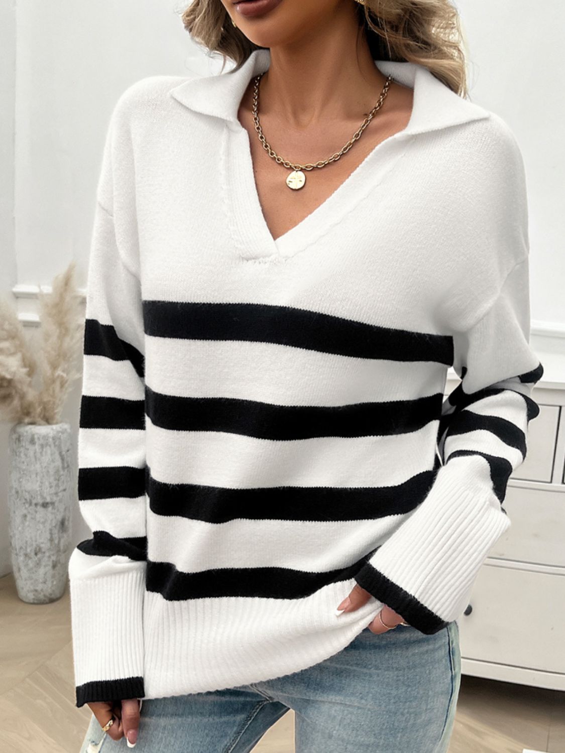 Striped Collared Neck Long Sleeve Sweater Orchid Unique 