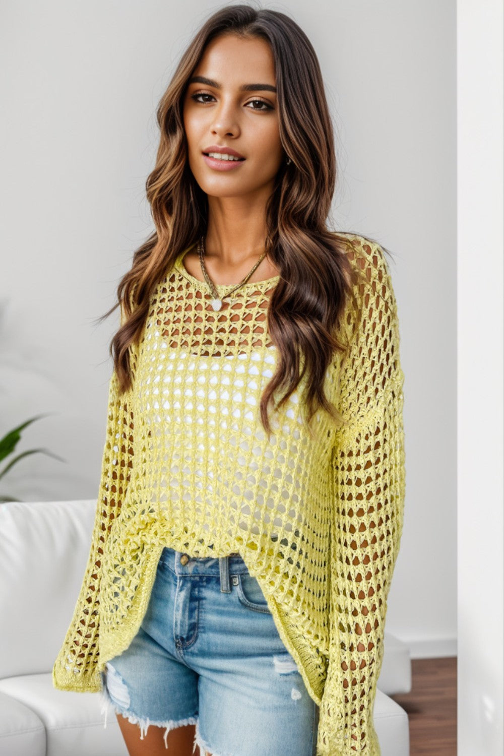 Openwork Round Neck Dropped Shoulder Knit Top Orchid Unique 