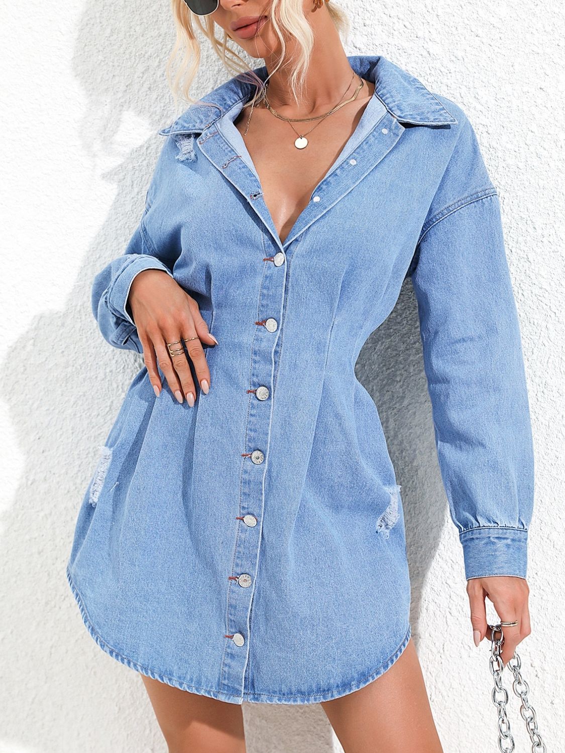 Distressed Button Up Long Sleeve Denim Dress Orchid Unique 