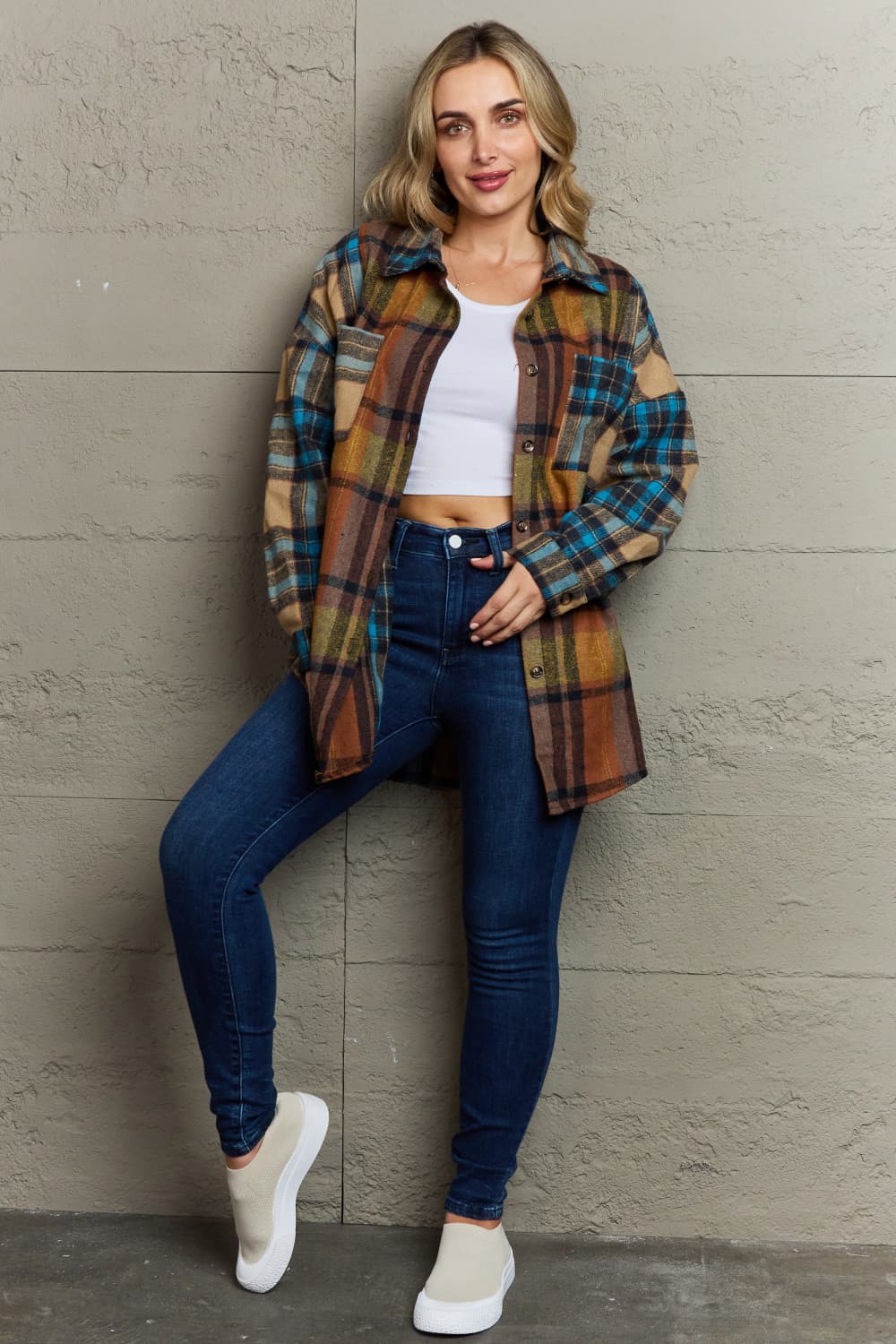 Double Take Plaid Curved Hem Shirt Jacket with Breast Pockets Orchid Unique 