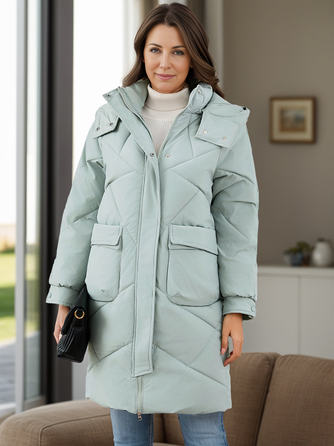 Long Sleeve Longline Hooded Winter Coat with Pockets Orchid Unique 