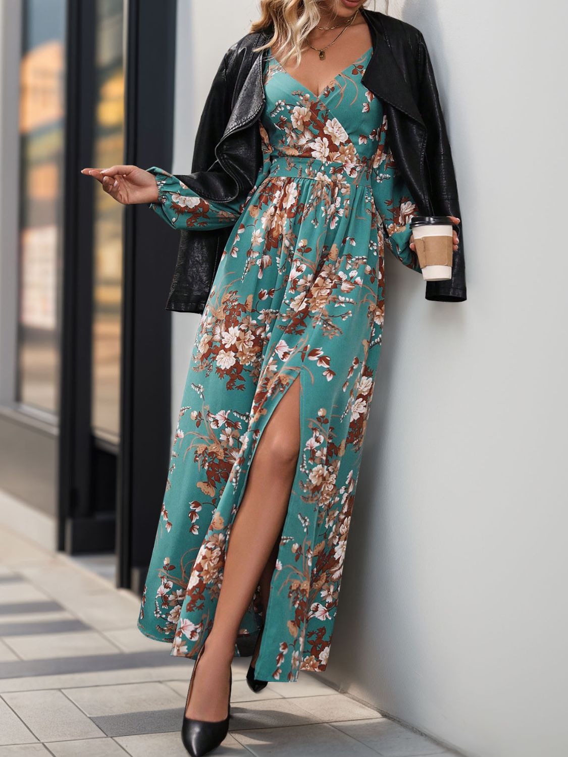 Slit Printed Surplice Long Sleeve Maxi Dress Orchid Unique 