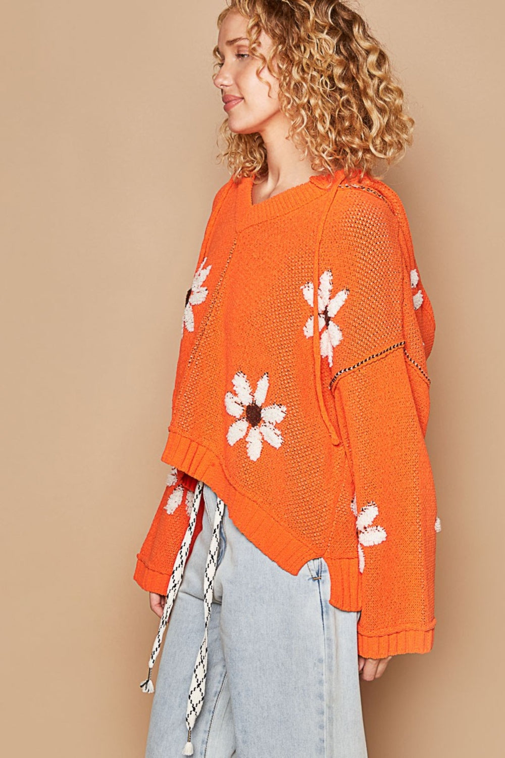 POL Floral Pattern Hooded High-Low Sweater Orchid Unique 