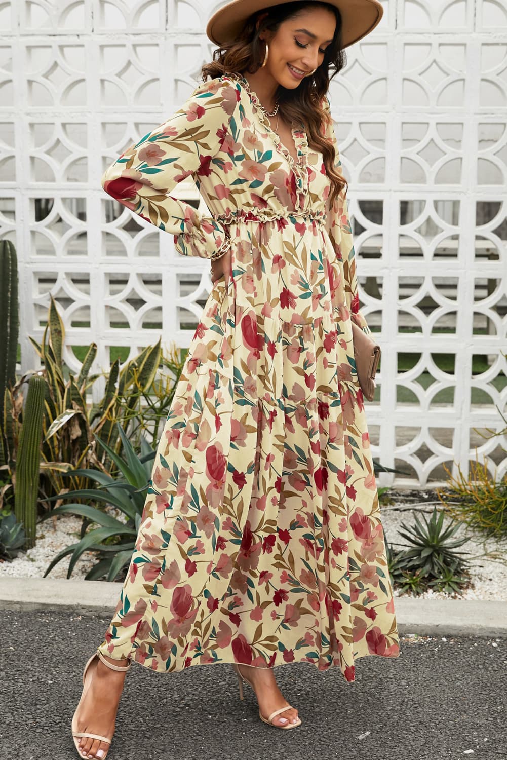 Floral Frill Trim Flounce Sleeve Plunge Maxi Dress Orchid Unique 