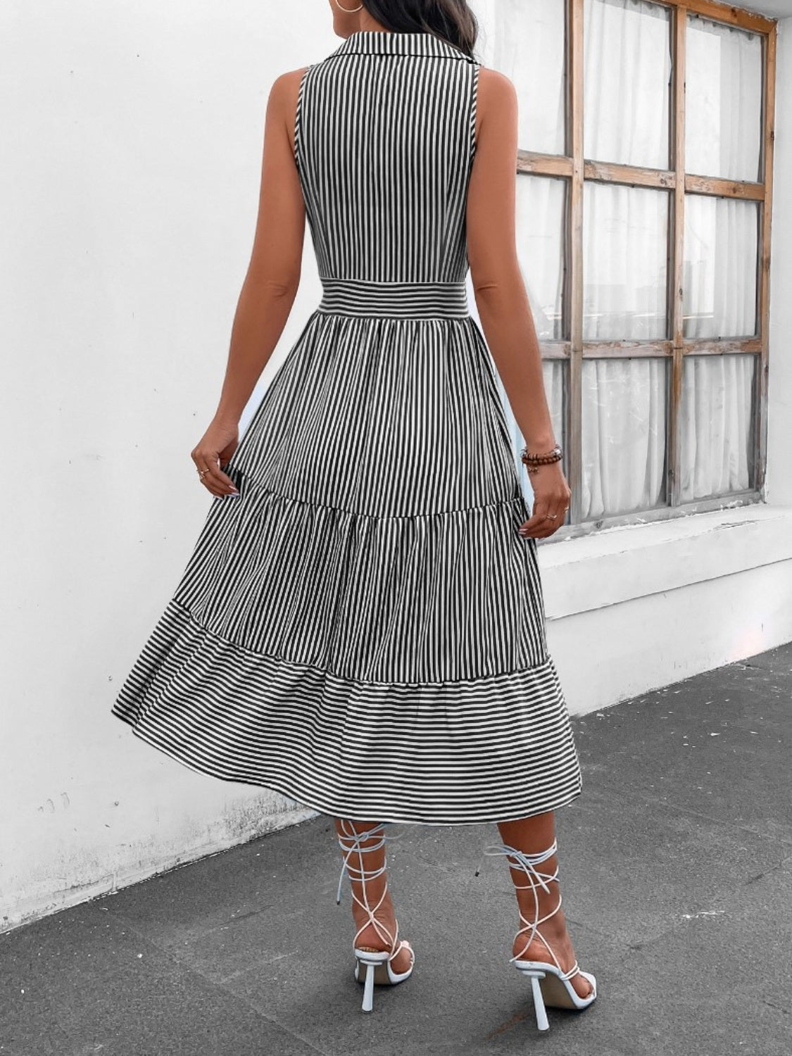 Striped Johnny Collar Sleeveless Midi Dress Orchid Unique 