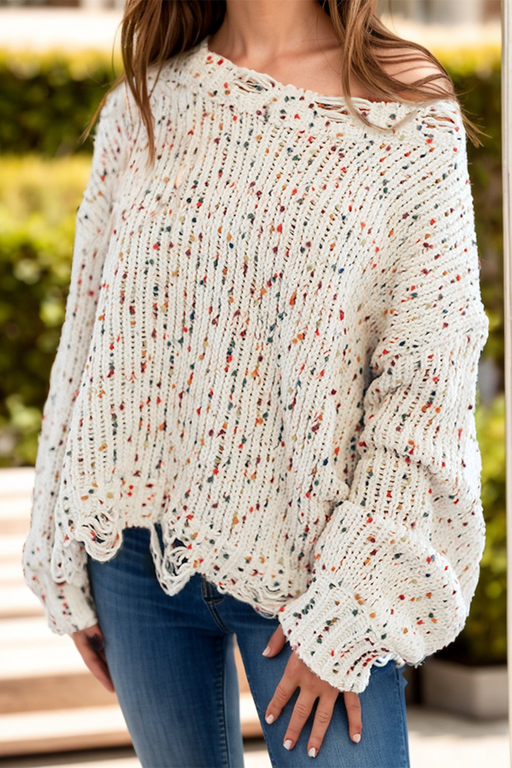 Confetti Round Neck Dropped Shoulder Sweater Orchid Unique 