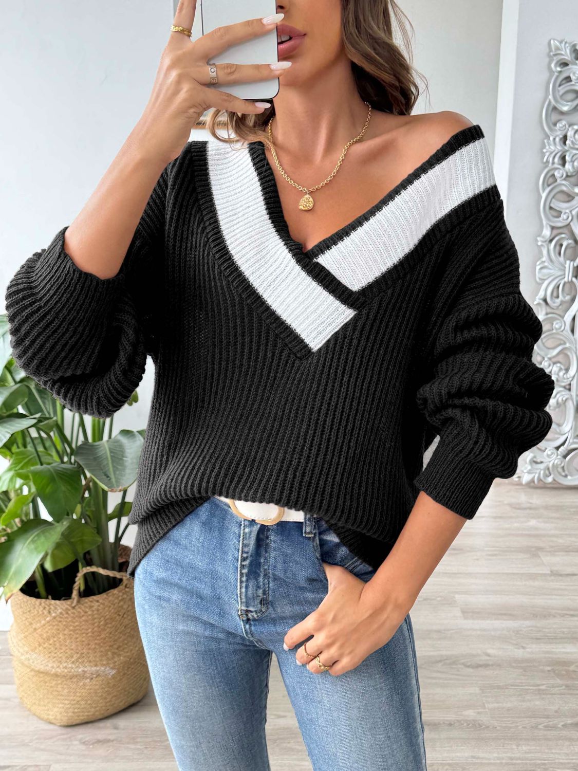 Contrast Dropped Shoulder Long Sleeve Sweater Orchid Unique 