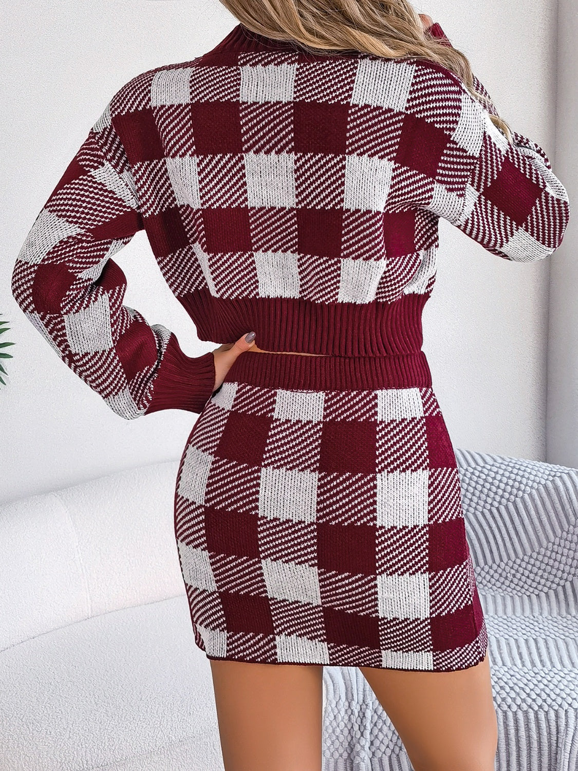 Plaid Round Neck Top and Skirt Sweater Set Orchid Unique 