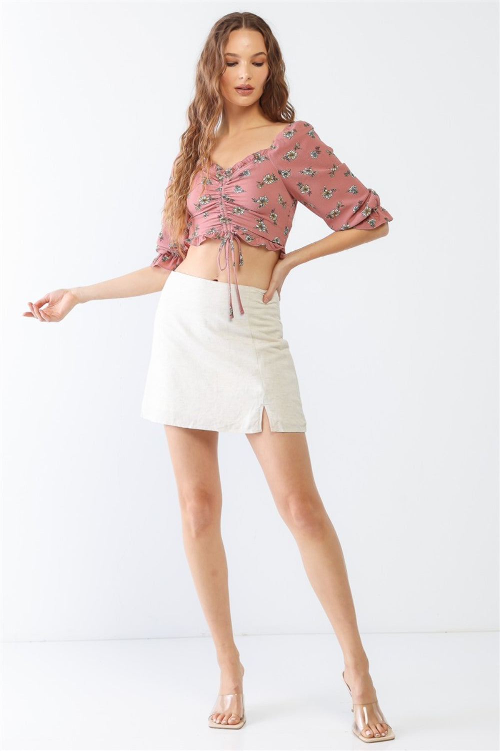 Tasha Apparel Floral Ruffle Smocked Back Ruched Crop Top Orchid Unique 