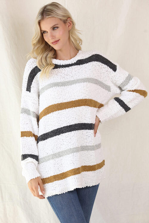 Striped Round Neck Long Sleeve Sweater Orchid Unique 