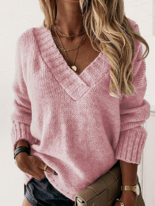 V-Neck Long Sleeve Knit Top Orchid Unique 