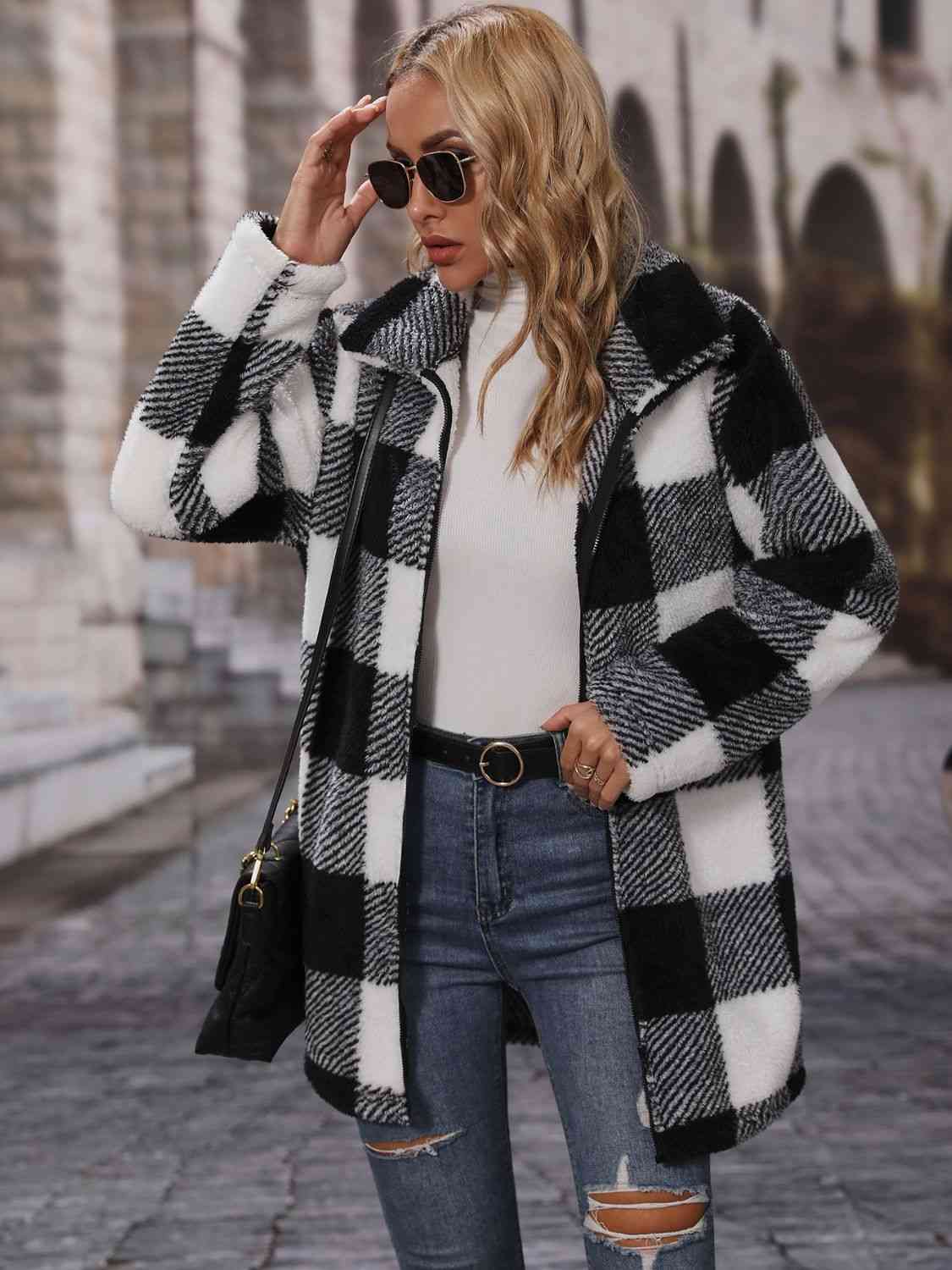 Plaid Collared Neck Coat with Pockets Orchid Unique 