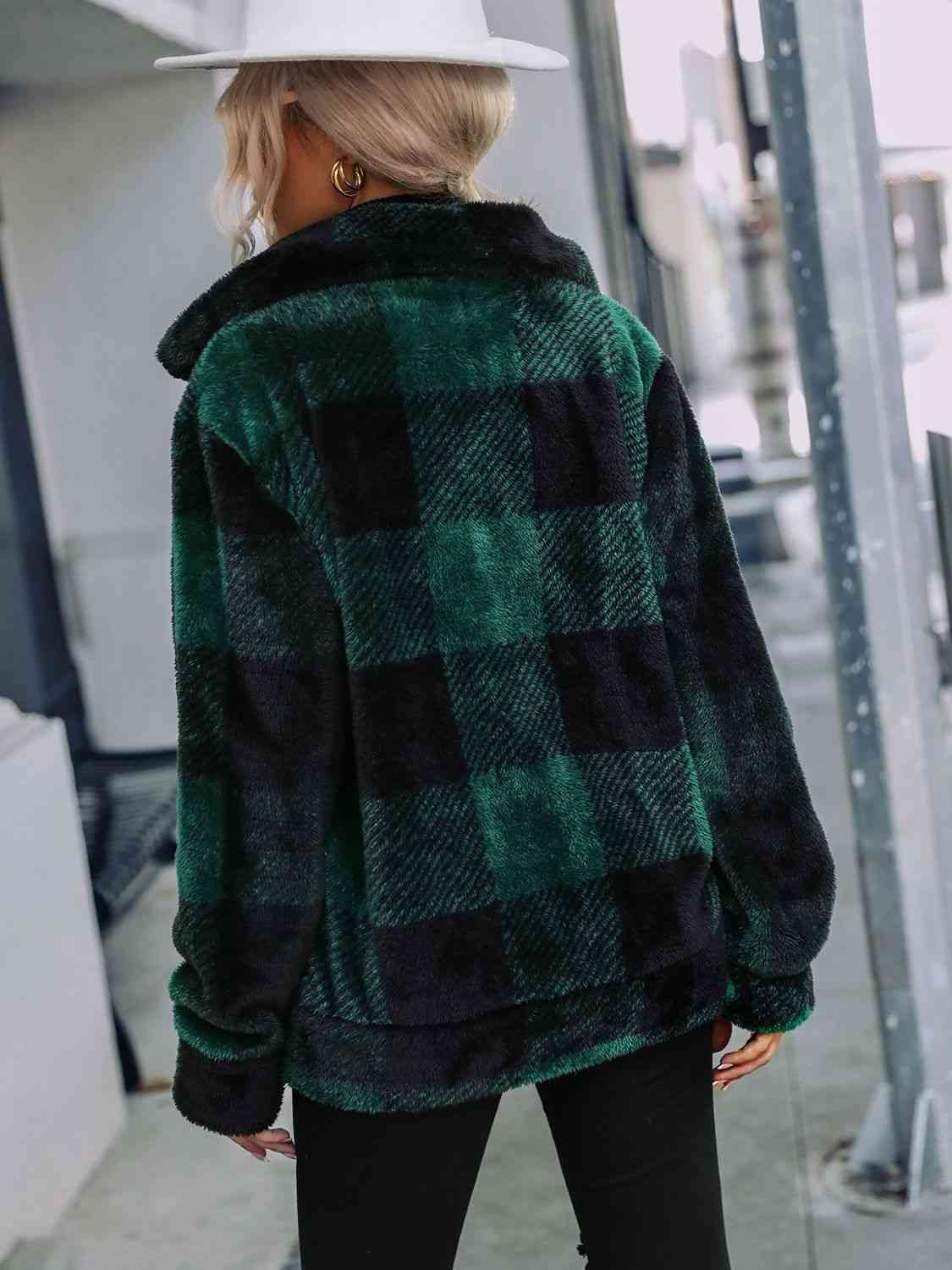 Plaid Zip-Up Collared Jacket Orchid Unique 