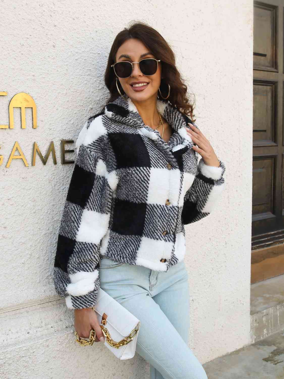 Plaid Dropped Shoulder Buttoned Jacket Orchid Unique 