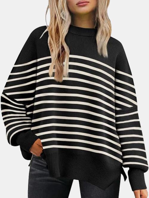 Round Neck Drop Shoulder Slit Sweater Orchid Unique 