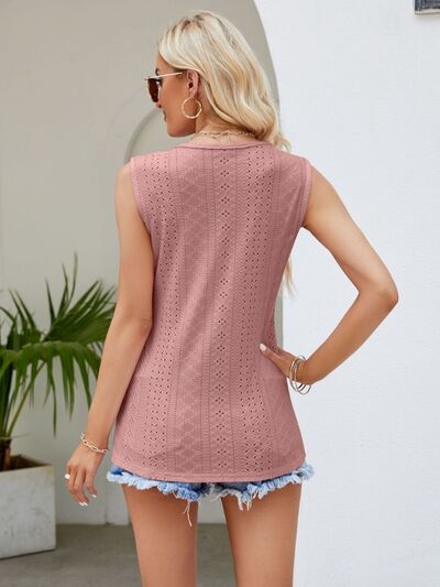 Eyelet Lace Detail V-Neck Tank Orchid Unique 