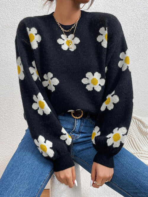 Flower Round Neck Latern Sleeve Sweater Orchid Unique 