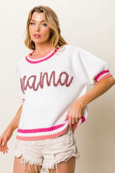 BiBi MAMA Contrast Trim Short Sleeve Sweater Orchid Unique 