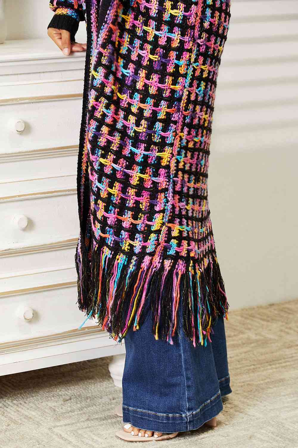 Double Take Full Size Multicolored Open Front Fringe Hem Cardigan Orchid Unique 