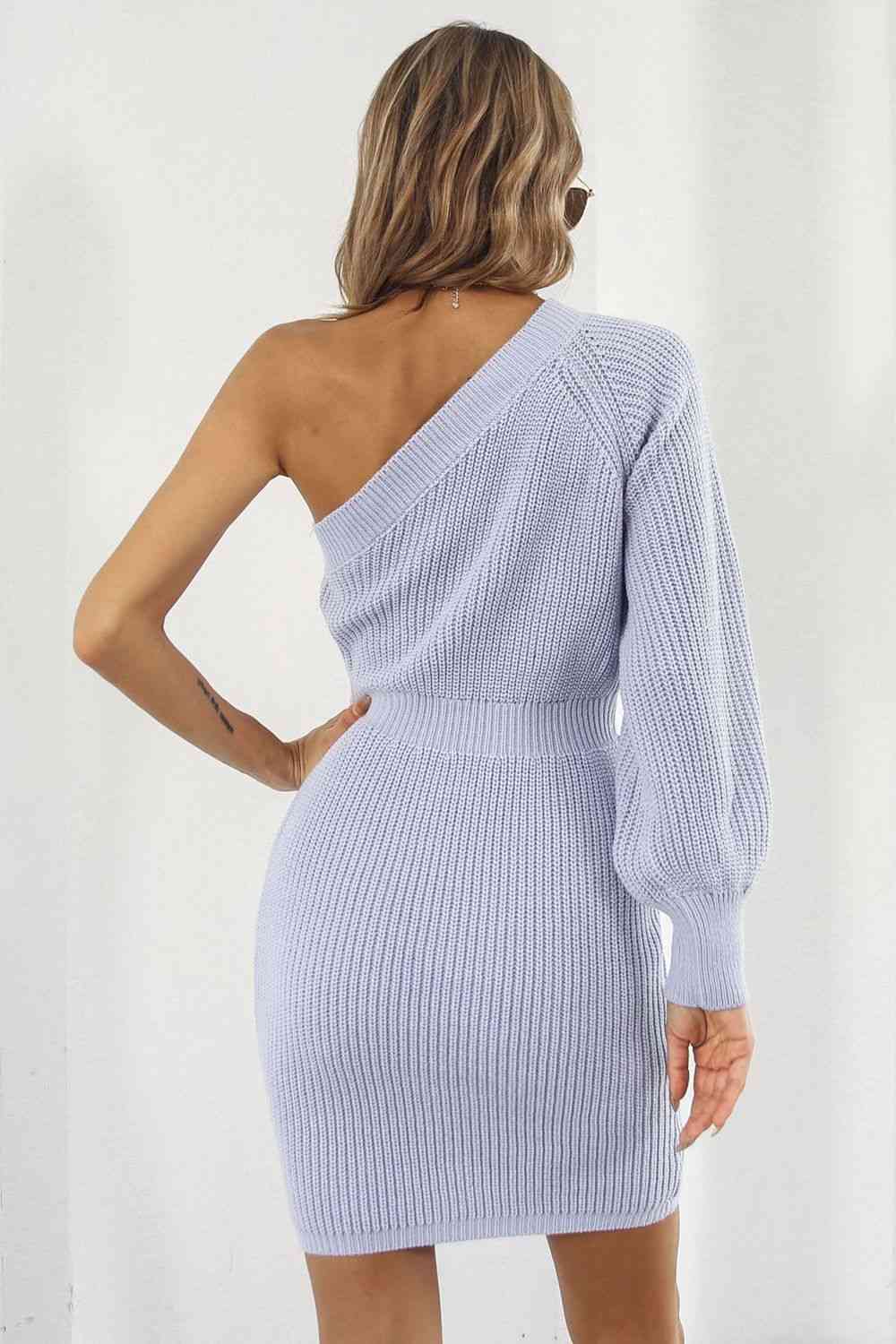 One Shoulder Raglan Sleeve Pencil Sweater Dress Orchid Unique 