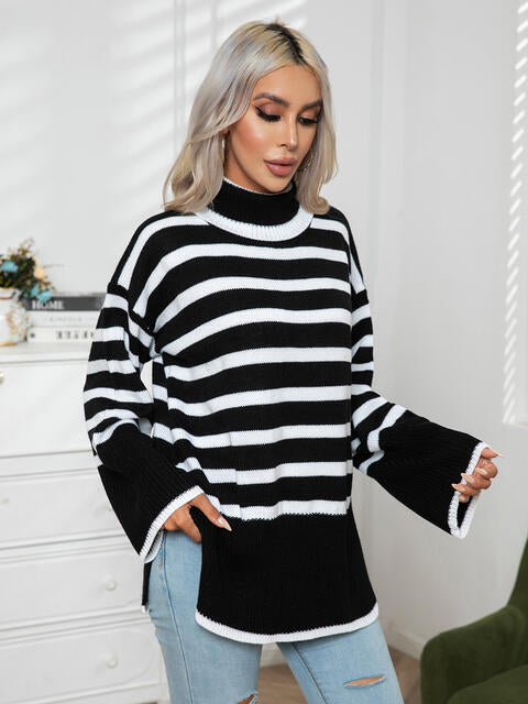 Striped Slit Turtleneck Drop Shoulder Sweater Orchid Unique 