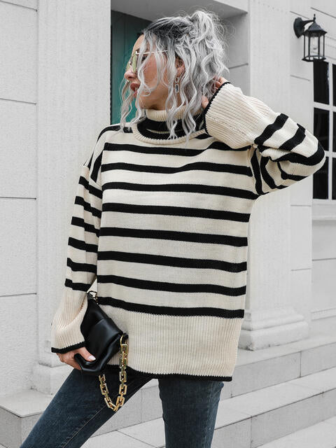 Striped Slit Turtleneck Drop Shoulder Sweater Orchid Unique 