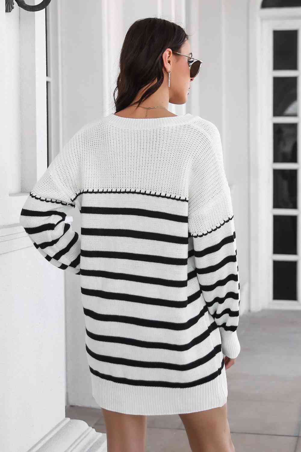 Striped V-Neck Drop Shulder Sweater Dress Orchid Unique 