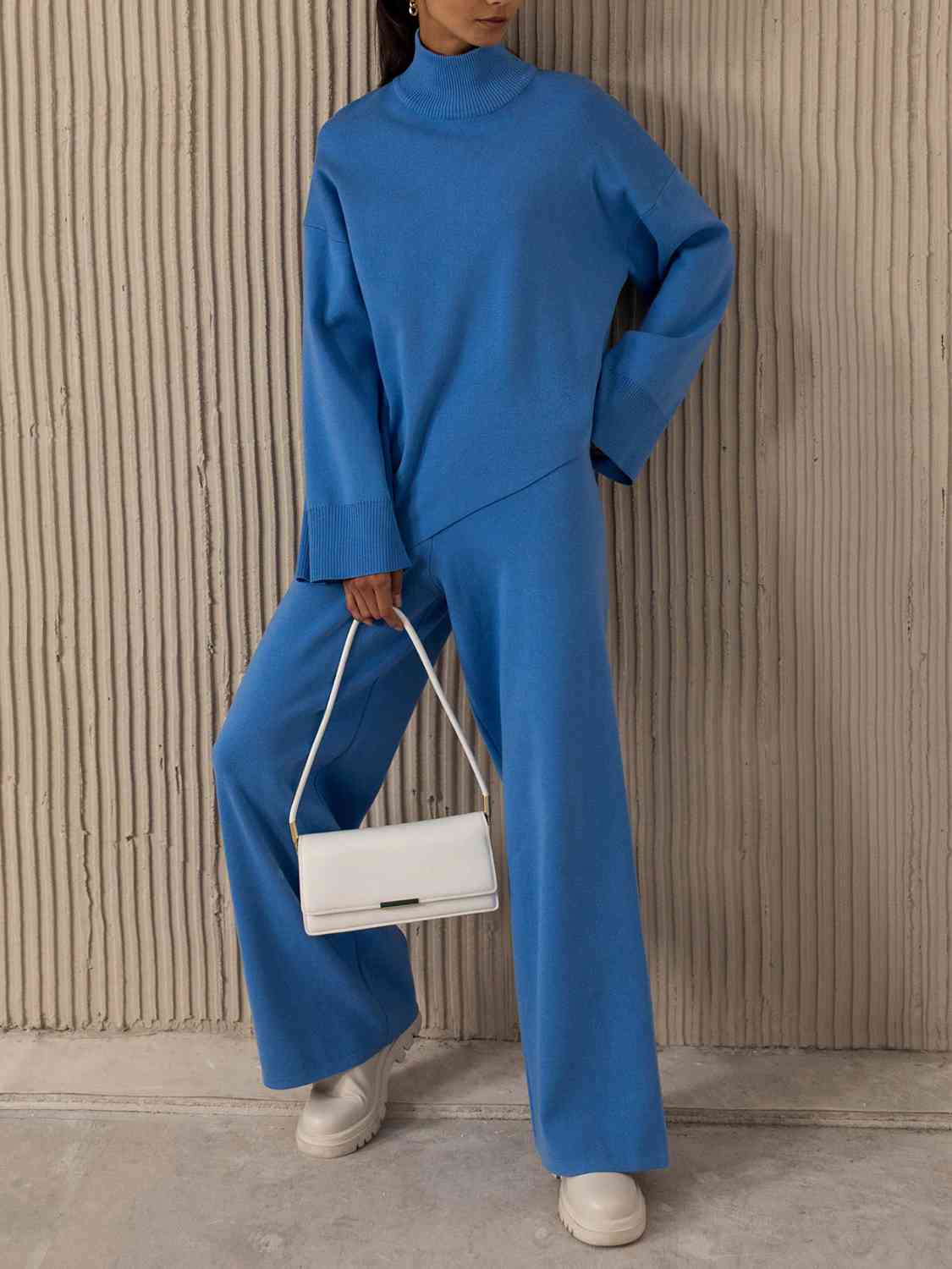 Asymmetrical Hem Knit Top and Pants Set Orchid Unique 