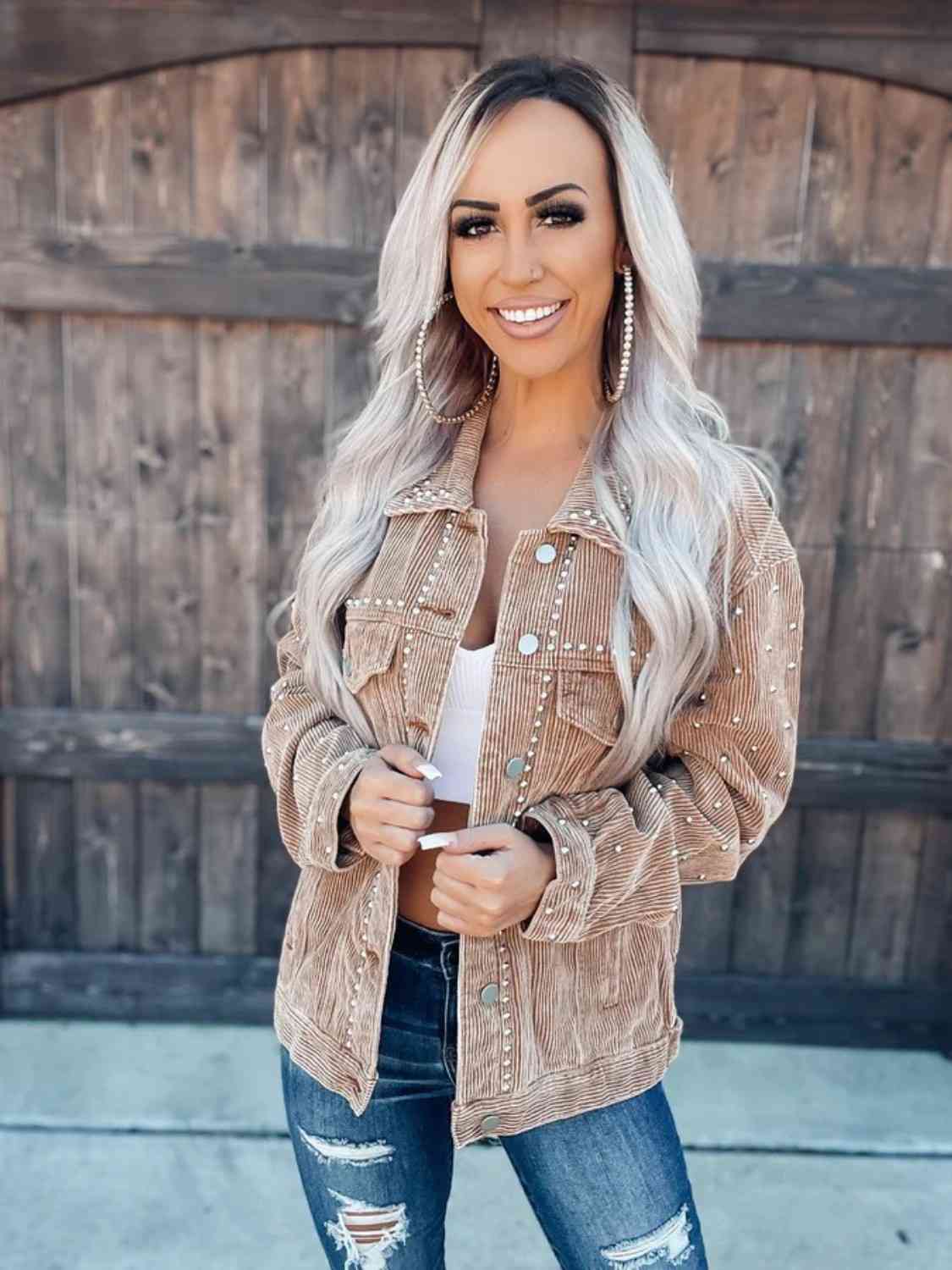 Studded Collared Neck Button Down Jacket Orchid Unique 