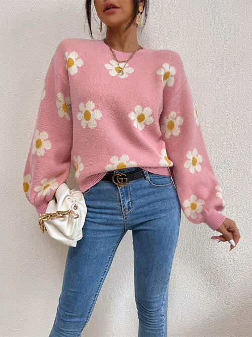 Flower Round Neck Latern Sleeve Sweater Orchid Unique 