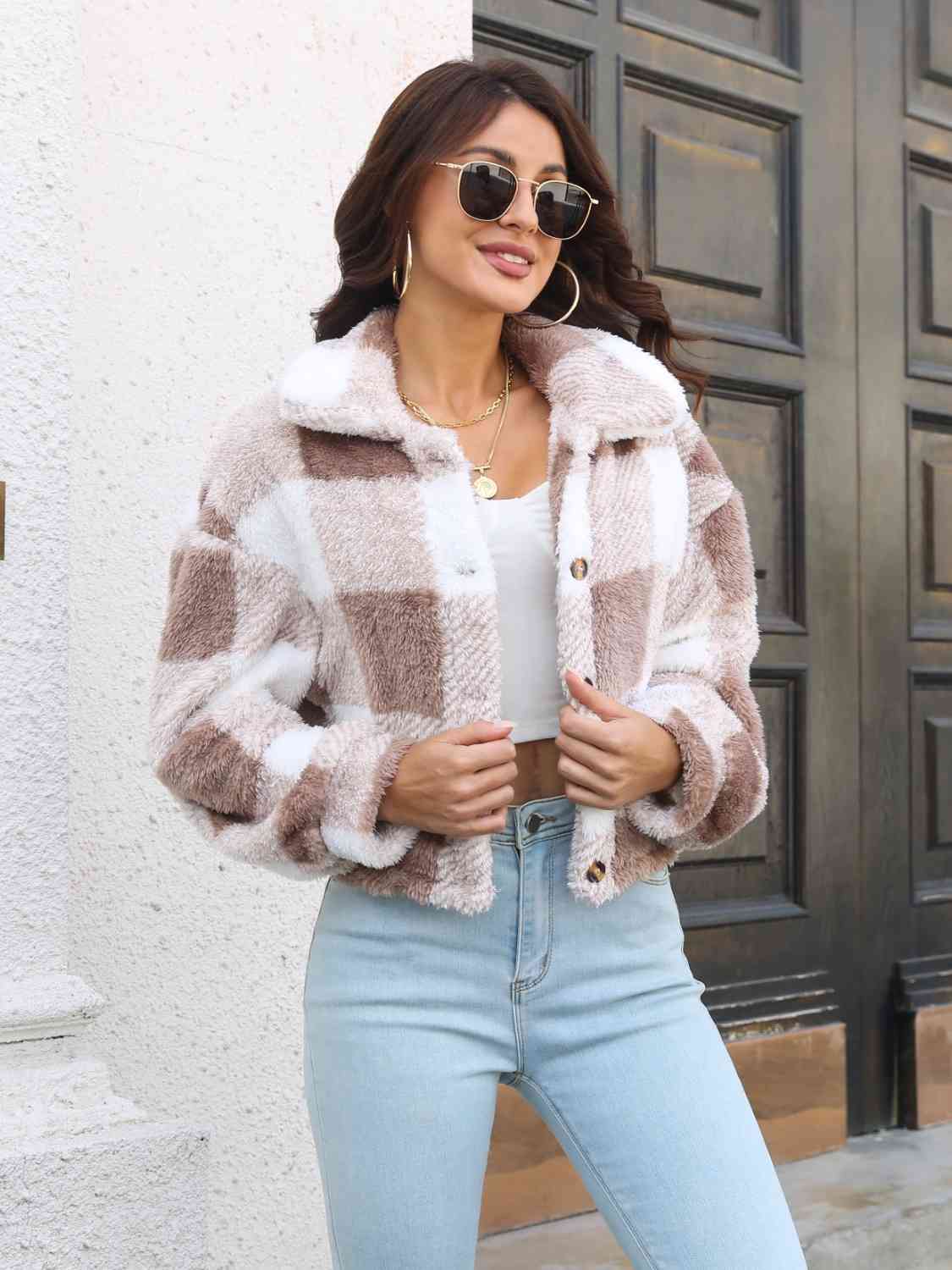 Plaid Dropped Shoulder Buttoned Jacket Orchid Unique 