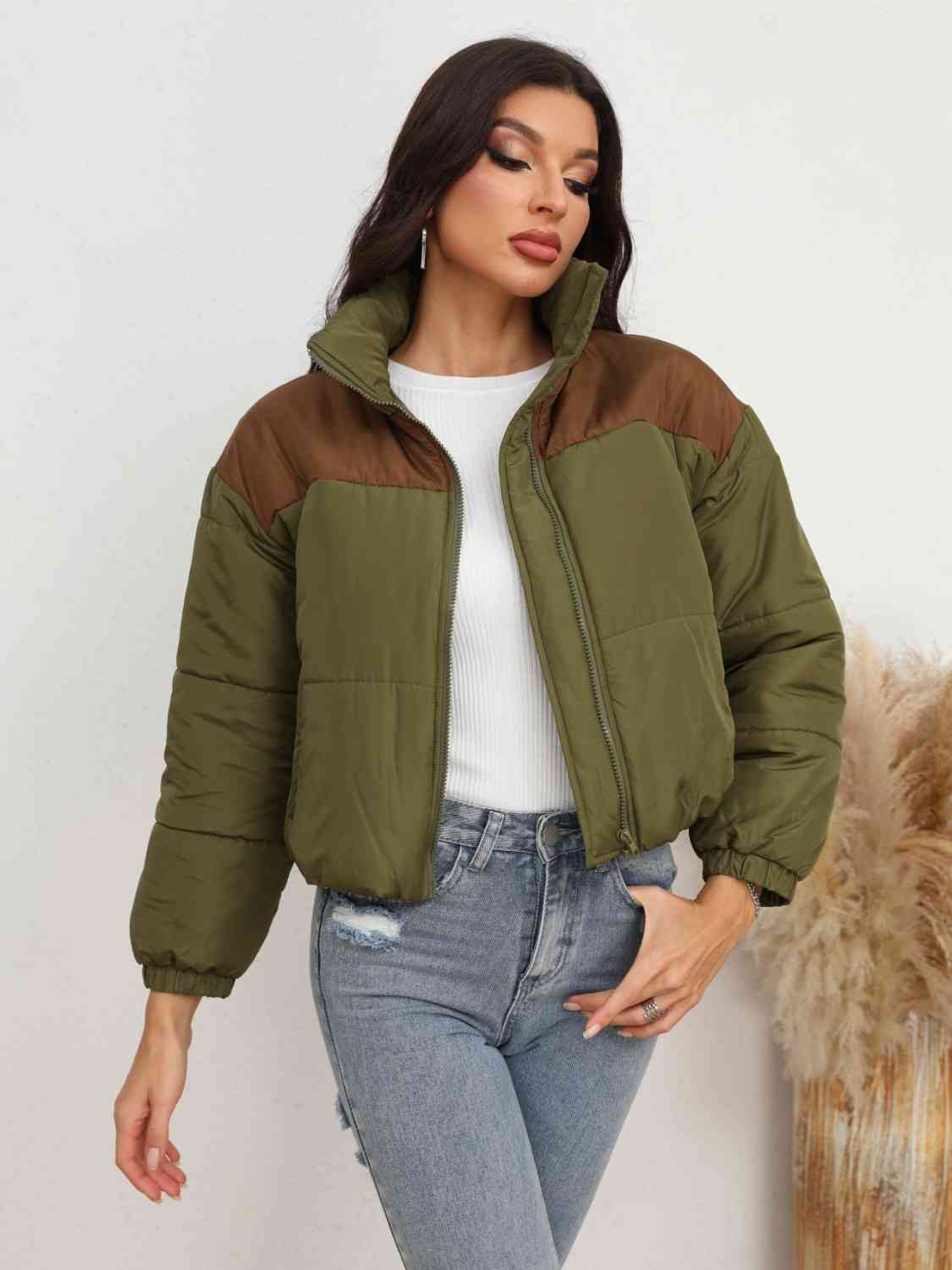 Two-Tone Zip-Up Puffer Jacket Orchid Unique 