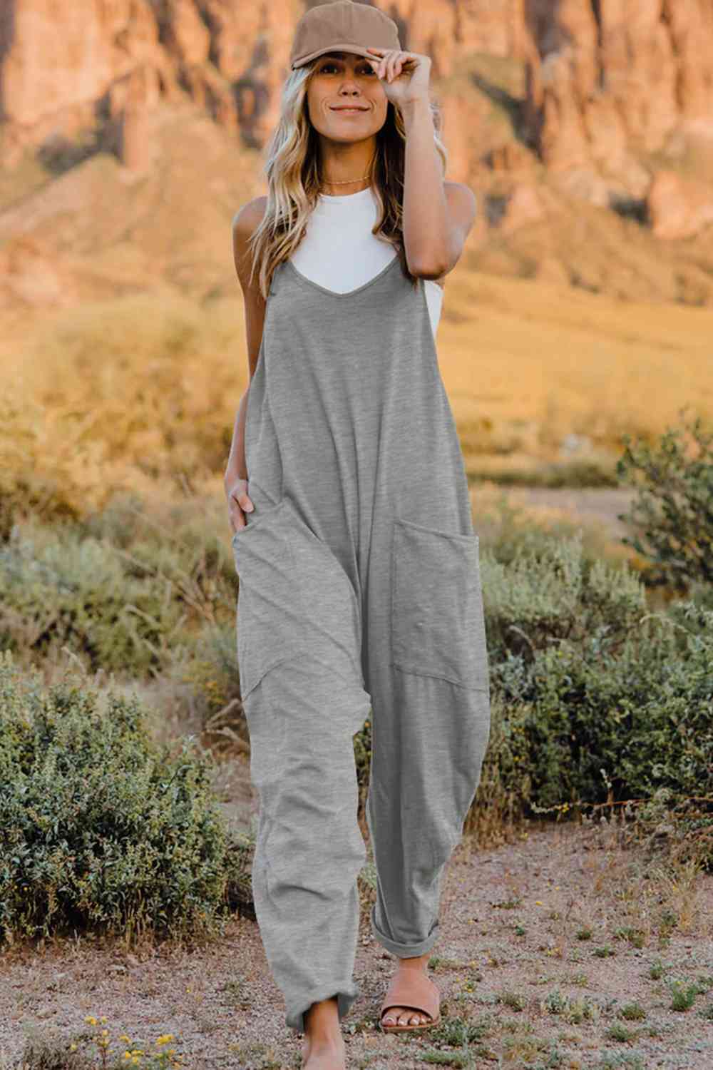 Double Take  V-Neck Sleeveless Jumpsuit with Pocket Orchid Unique 