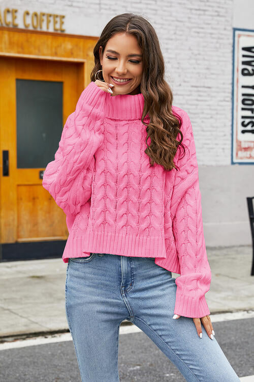 Turtleneck Cable-Knit  Long Sleeve Sweater Orchid Unique 